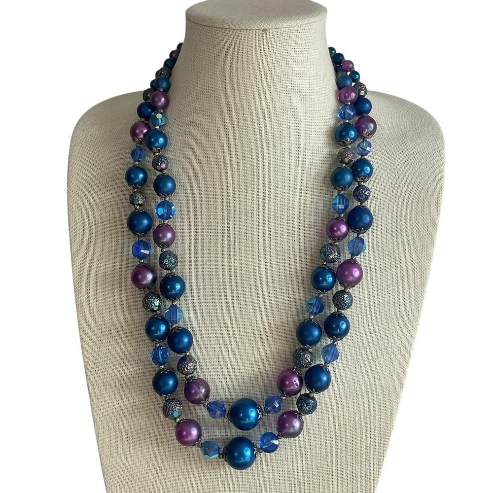 VENDOME Double Strand Necklace Glass & Lucite Chunky Vintage MCM 22" Colorful